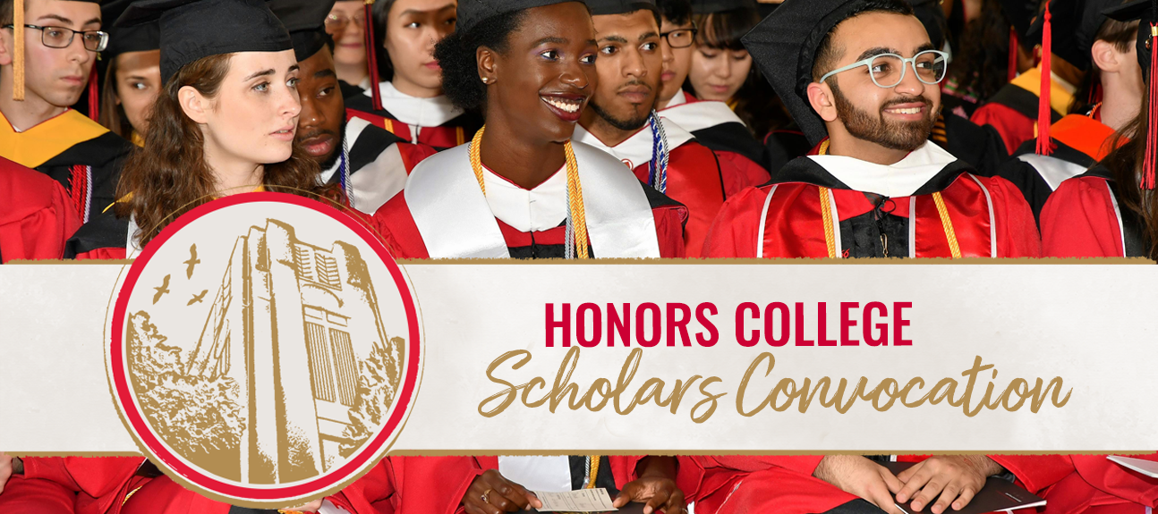 a visual banner showing Honors College students in graduation gowns during the Convocation ceremony