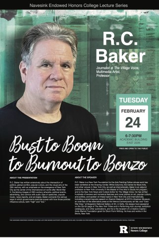 This is an image of a flyer promoting a Navesink event. The image shows a portrait photo of the speaker, R.C. Baker with a green artistic background and contains some event information.