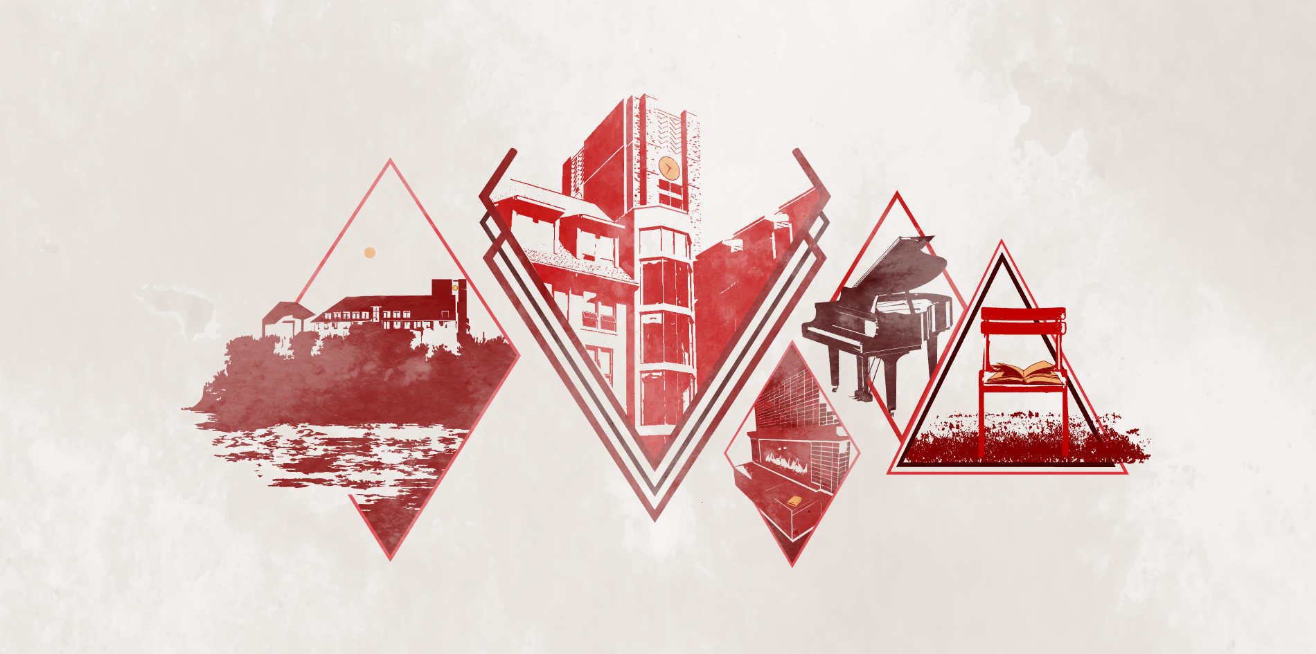 Visual banner showing illustration of the Honors College, clock tower, piano and other elements