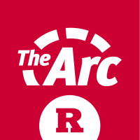 Logo for the ARC application featuring red background, white Rutgers logo and white arch design elements