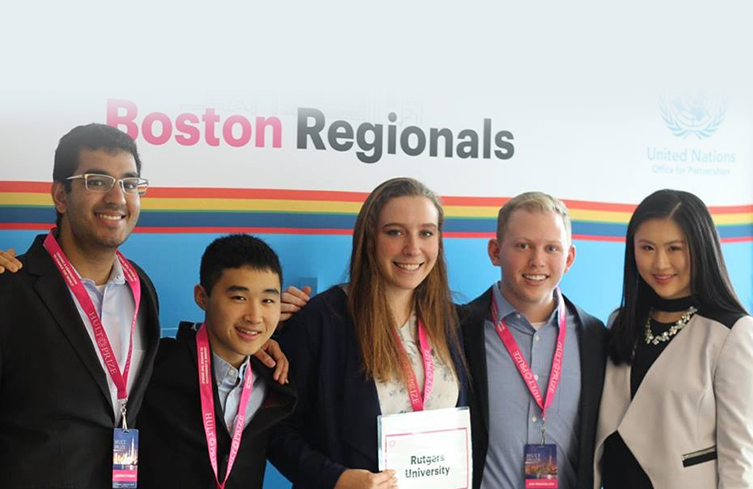 Members of team Sulis from left to right: Anurag Modak, Yuki Osumi, Sarah Pomeranz and Ari Mendelow; and Sophia Zhou, campus director of the Hult Prize at Rutgers.