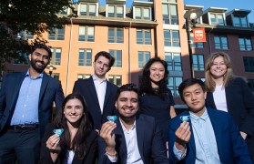 Honors College alumni and current students, including (top left) Akshay Kamath, Joseph Bajor, Clairisse Whang, Alyssa Krisinski, (bottom left) Juliet Petillo, Yash Dave, and Harrison Zhang, make up the social venture Nutrivide. 