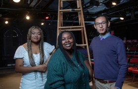 Cabaret Theatre’s Uchenna Agbu, Livingston Theater Company’s Kira Harris and College Avenue Players’ Kyle Cao on stage at Cabaret's Black Box Theatre | Photo by Nick Romanenko/Rutgers University