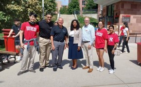 Mayor Cahill, Chancellor-Provost Conway, and Vice Chancellor Mena join HC Dean Bowers  and a few students for a photo in front of Honors College with a few HC Students